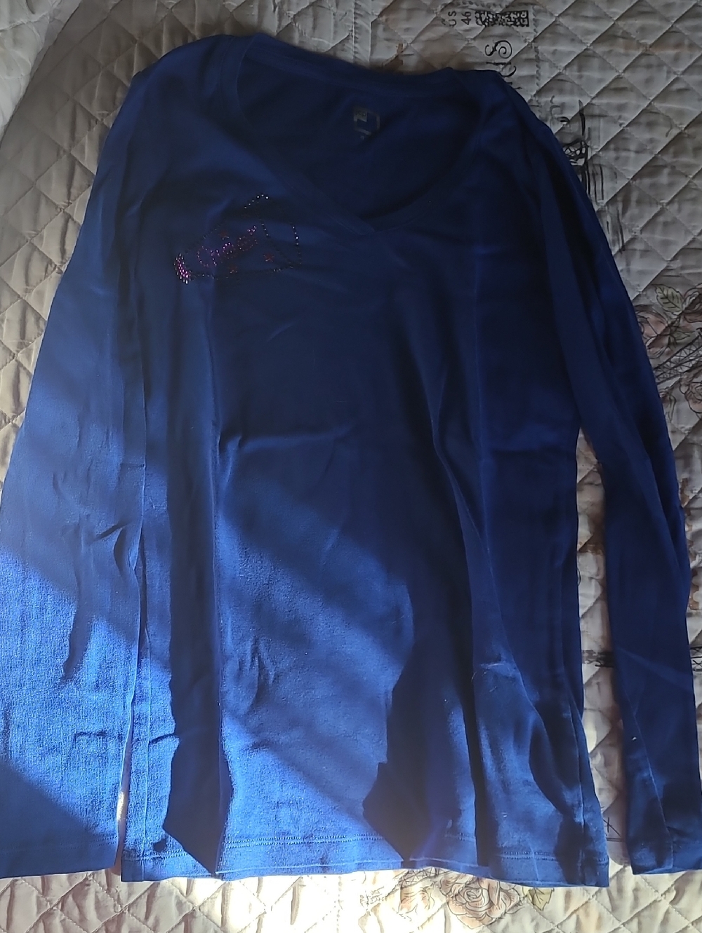 Royal Blue Long Sleeve V-Neck Top with Rhinestone Accent